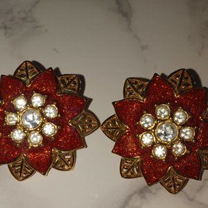 Decorative gold tone w/ red sparkly enamel and rhinestones flower earrings